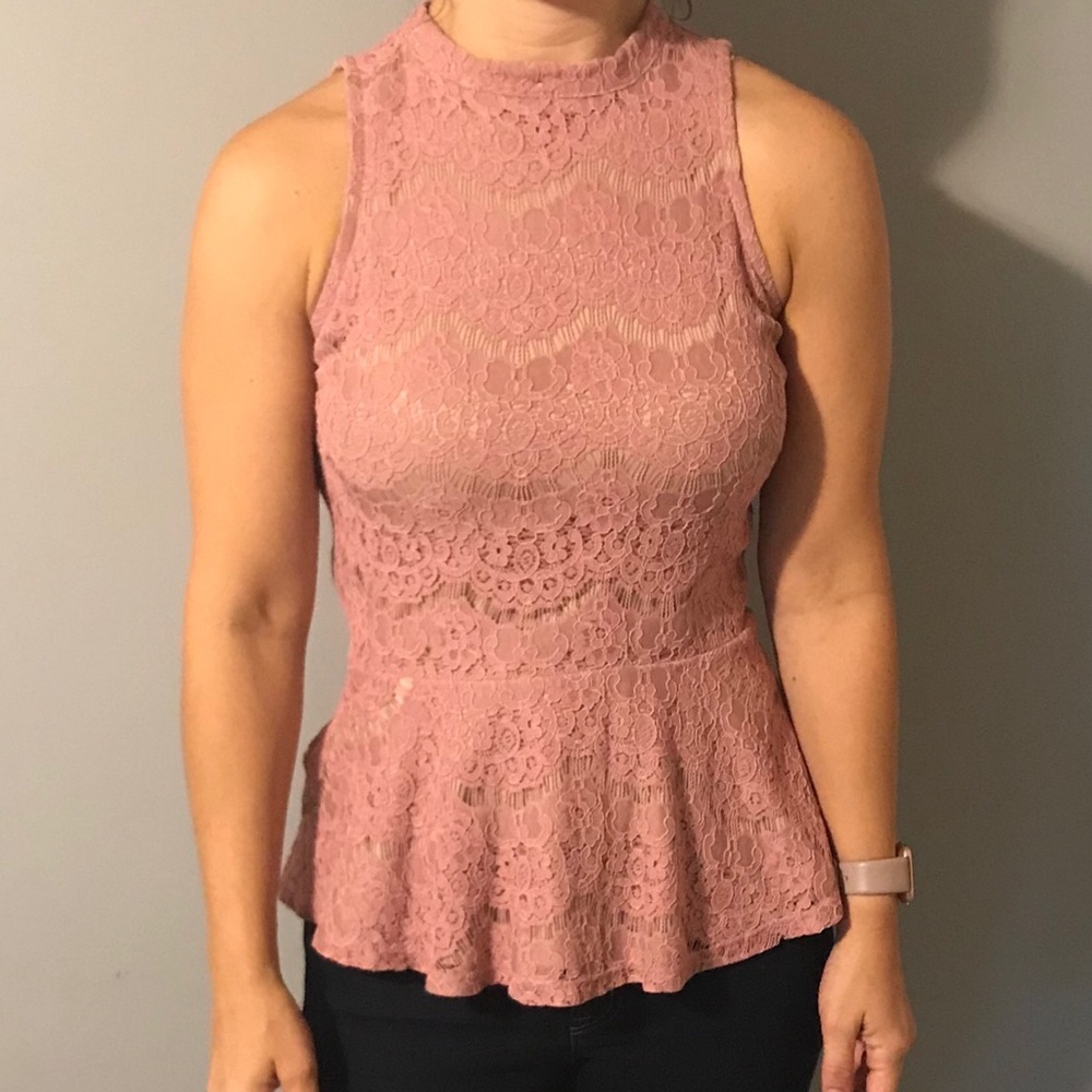 Lace fitted with flair sleeveless blush blouse